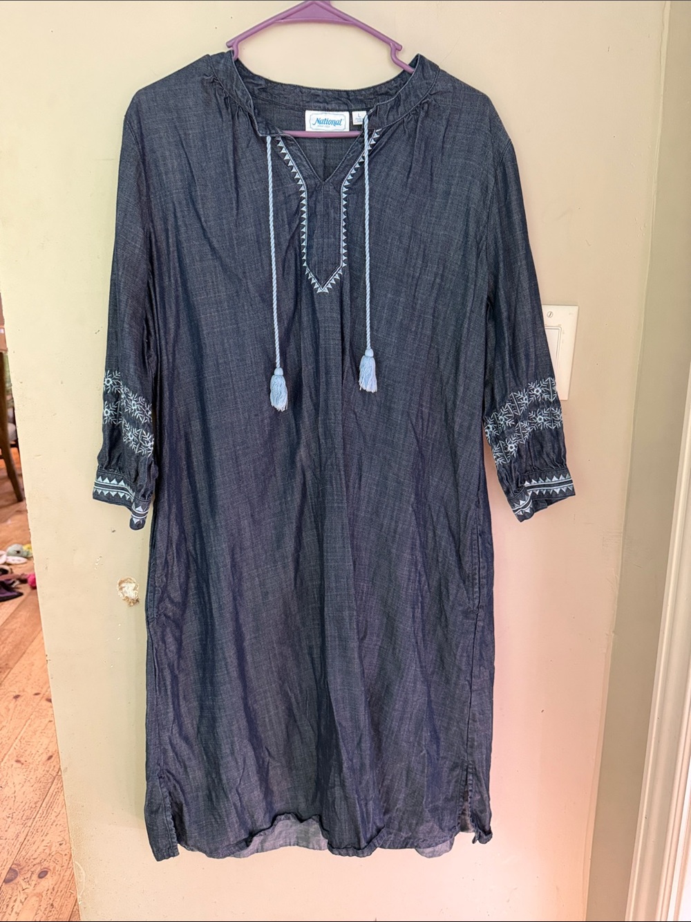 Soft Indigo Embroidered Long-Sleeve Tunic Dress